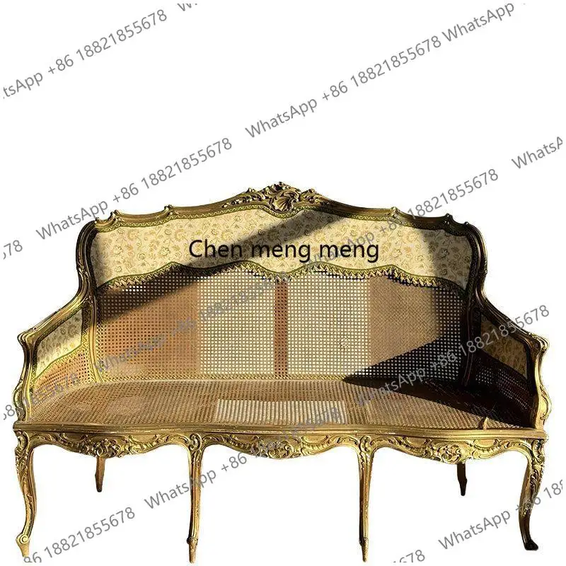 

American country gold old rattan all solid wood sofa log retro carved sofa chair