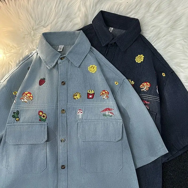 Summer new embroidered cartoon denim shirt for men and women loose fitting casual American retro short sleeved lapel couple top