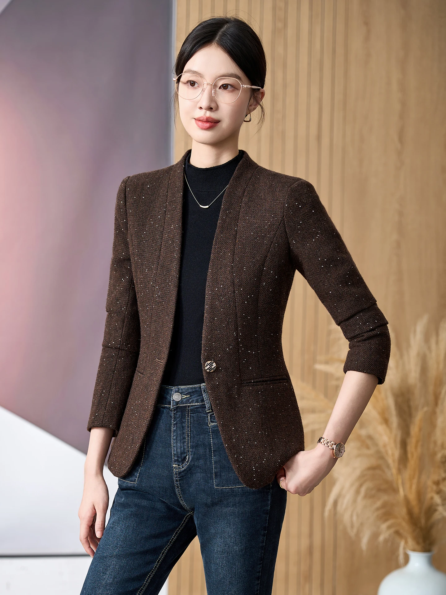 Elegant Shiny Sequin Woolen Casual Women's  Spring Autumn Stylish Button Pocket Design Full Lined Warm Anti-Wrinkle