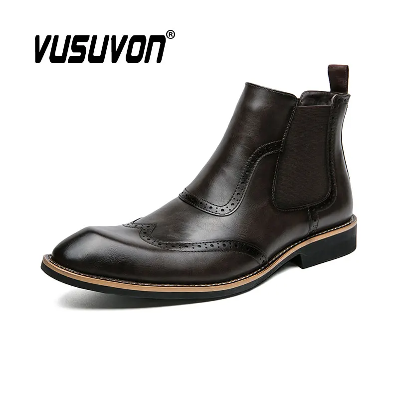 Fashion Men Leather Chelsea Boots Black Casual Winter Shoes Comfortable Ankle Slip-On Flats Big Size 38-45 British Style