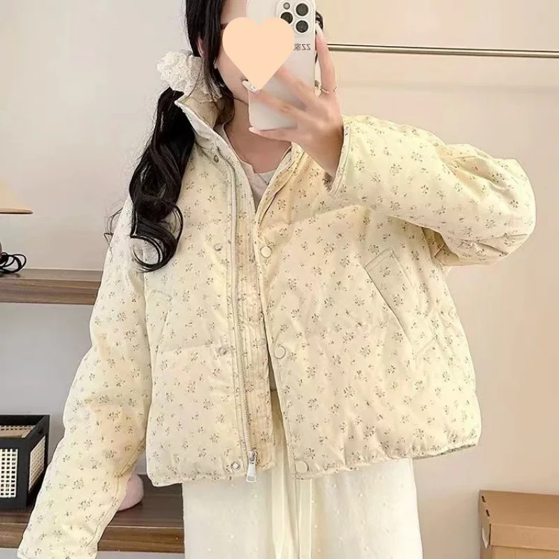 Menina engrossar para baixo pão robe algodão-acolchoado jaqueta feminina doce fragmentos florais jaqueta puffer feminina versão coreana inverno
