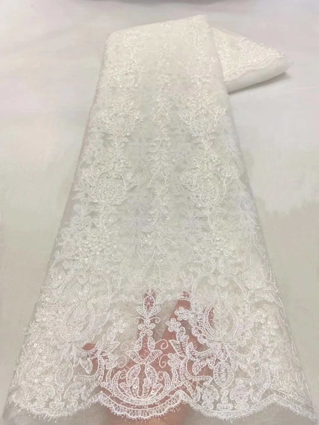 

2022 France High Quality Pure White Velvet Flocking Tulle Lace Africa Sequins Milk Silk Fabric Nigerian For Wedding Dinner Dress