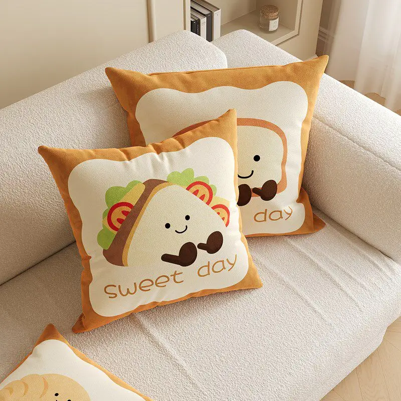 Cute Bread Cartoon Kids' Room Decor Pillowcase Waist Cushion Cover for Sofa Living Room Dormitory Soft Polyester Pillow Cover