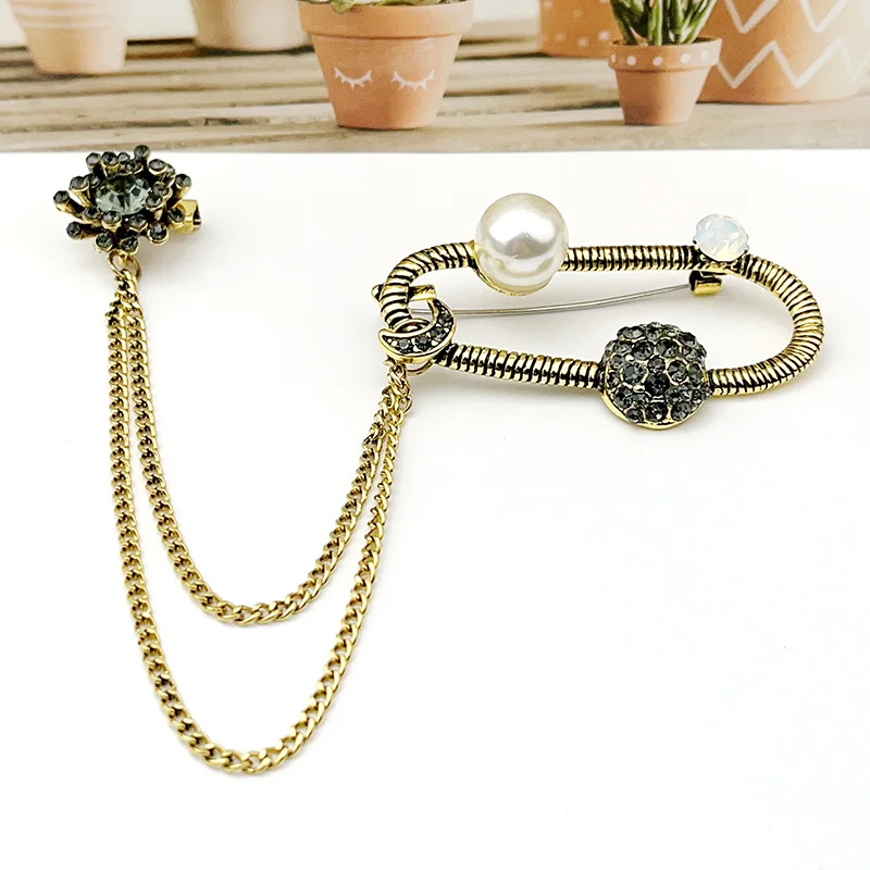 

Retro Bronze Flower Pearl Brooch Tassel Crystal Cross Link Chain Pin Women's Shirt Suit Collar Decoration Wholesale Accessories