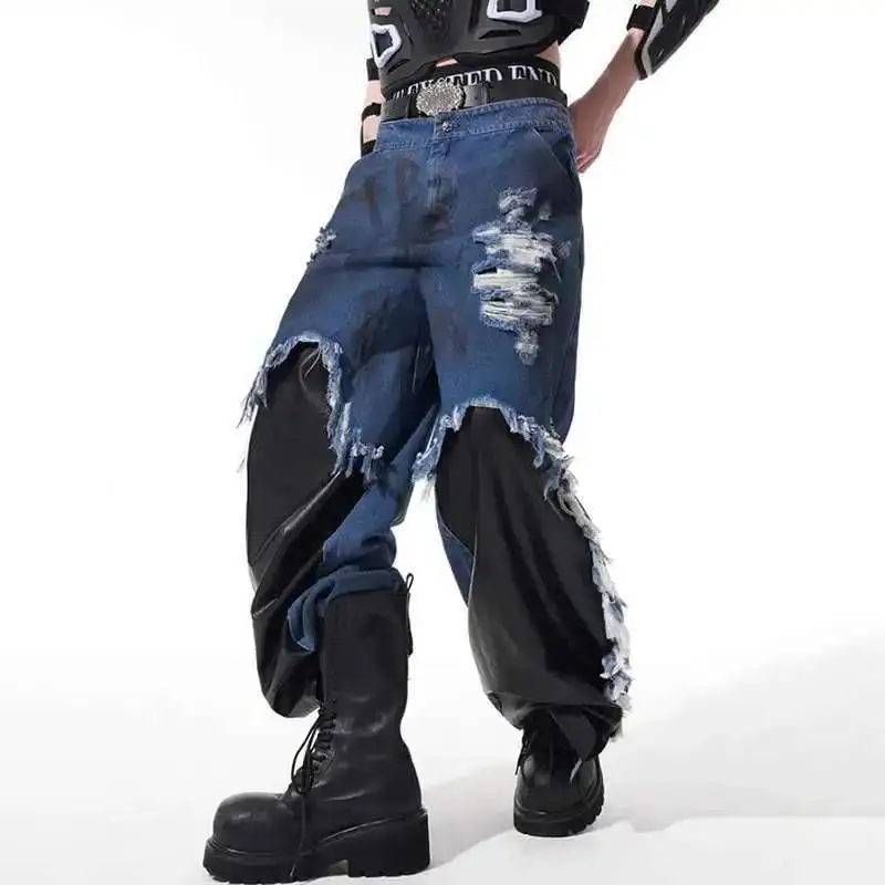 LUZHEN Leather Fake Two 2026 Design Piece New Personalized Splicing Loose Wide Leg Jeans Men's Stylish Street Denim Pants JY8872