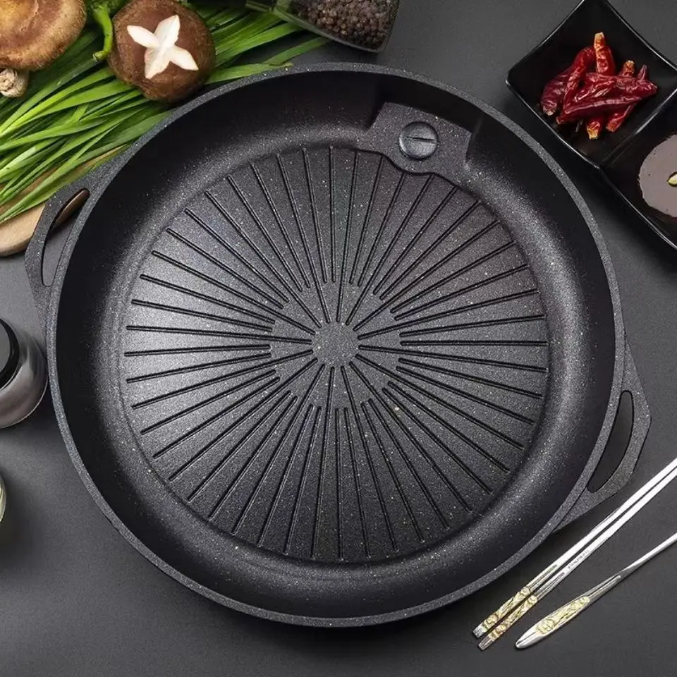 Round Maifan Stone Coated Grill Pan Non-Stick Barbecue Griddle Plate with Dual Handles for Indoor Outdoor Camping BBQ Cooking