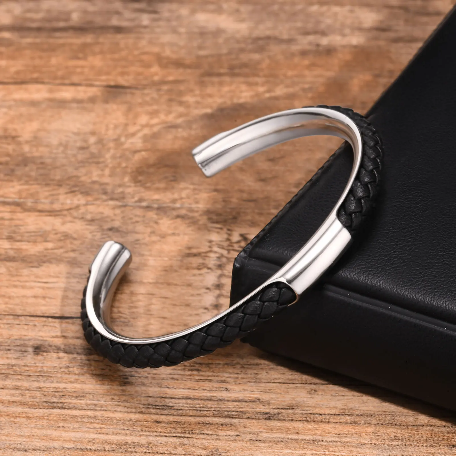 Vnox Luxury Mens Bangle,Black PU Leather Cuff Bracelets, Adjustable Open Stainless Steel Bracelet Gift