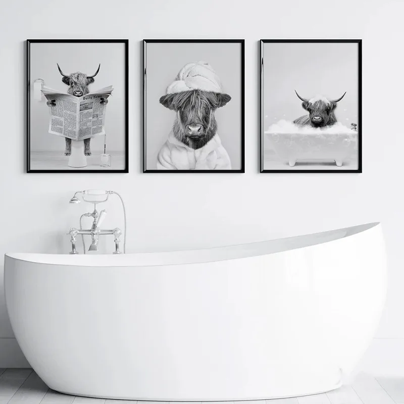 Fun black and white Scottish Highland Cattle bath background wall Bathroom Bathroom Home hanging picture decorative painting cor