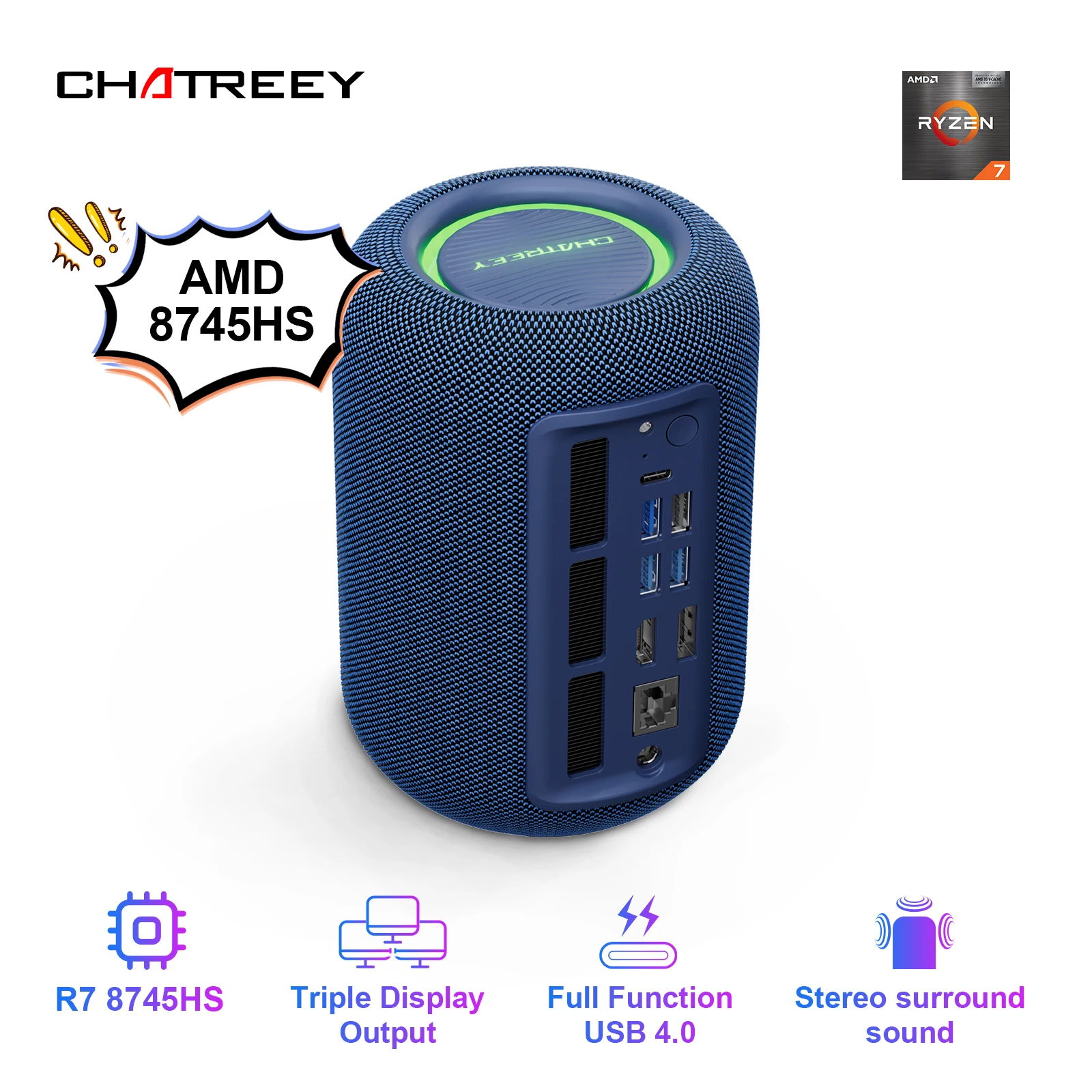 Chatreey Mini-PC R7 8745HS Gaming-Desktop-Computer mit WiFi 6/Bluetooth 5.2/HDMI/USB 4.0