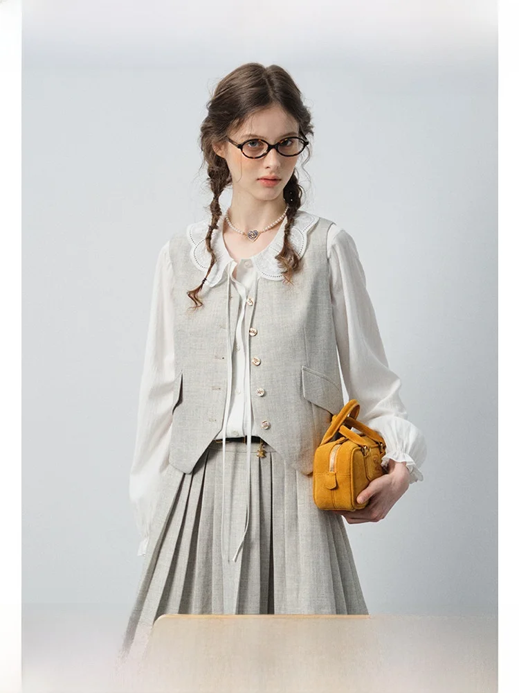 

Faionable VEGA CHANG, женский жилет с кружевным воротником и завязкой на талии, комплект плиссированной юбки, весна 2026, Новое поступление Ele School...