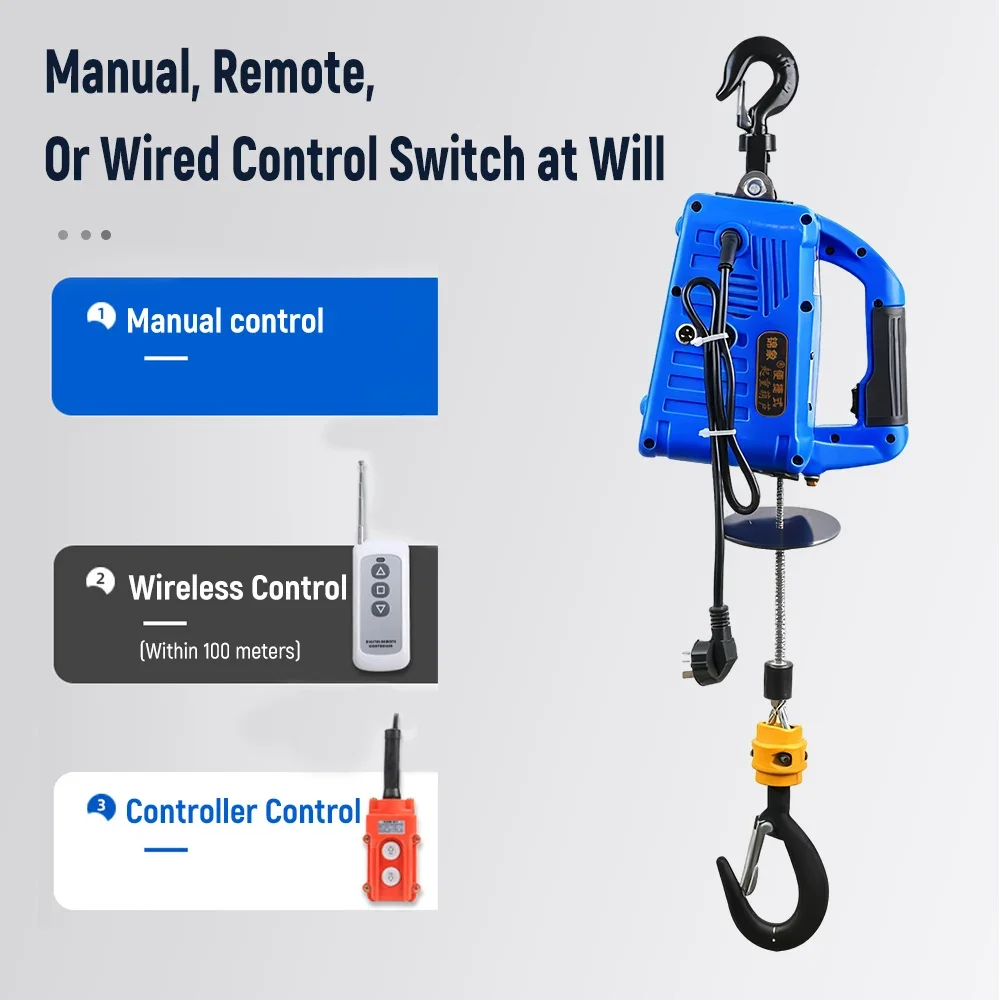 Remote Control Electric Hoist Portable Electric Winch Traction Hoist 500KG 100KG Load 220V 1500W Hoist Lifting Tool