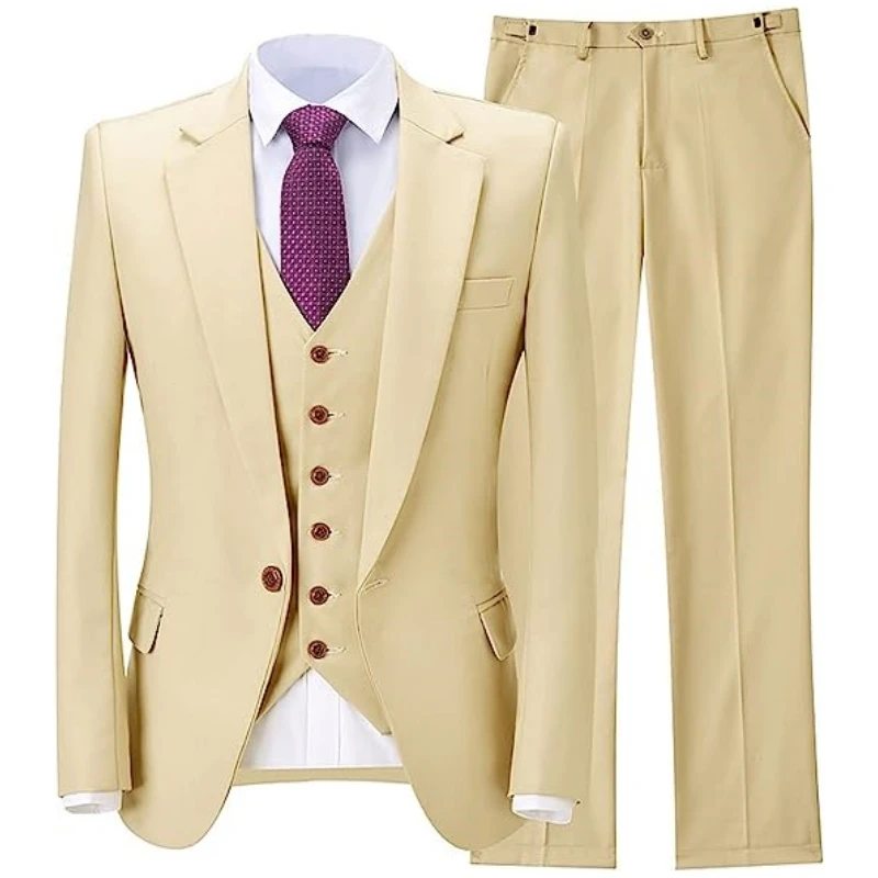 

Men Suit 3 Piece Champagne Single Button Solid Casual Business For Wedding Party Dinner Work Set Jacket Vest With Pants