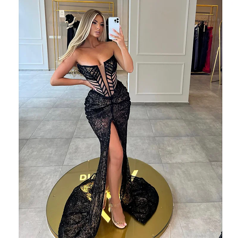 

2024 Sexy See Through Black Lace High Slit Strapless Ankle Length Dress Celebrity Evening party Dress Birthday Party Outfit