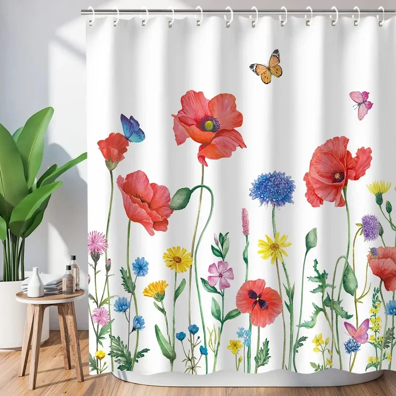 Poppy Shower Curtain for Bathroom Butterfly Flower Shower Curtain Red Floral Shower Curtain Colorful Watercolor Lnk Bathroom Set