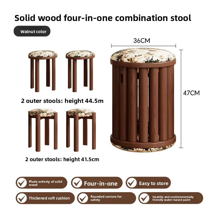 Retro style stackable round stool, 4 solid wood round stools, soft cushioned dining stool, dressing stool, leisure stool