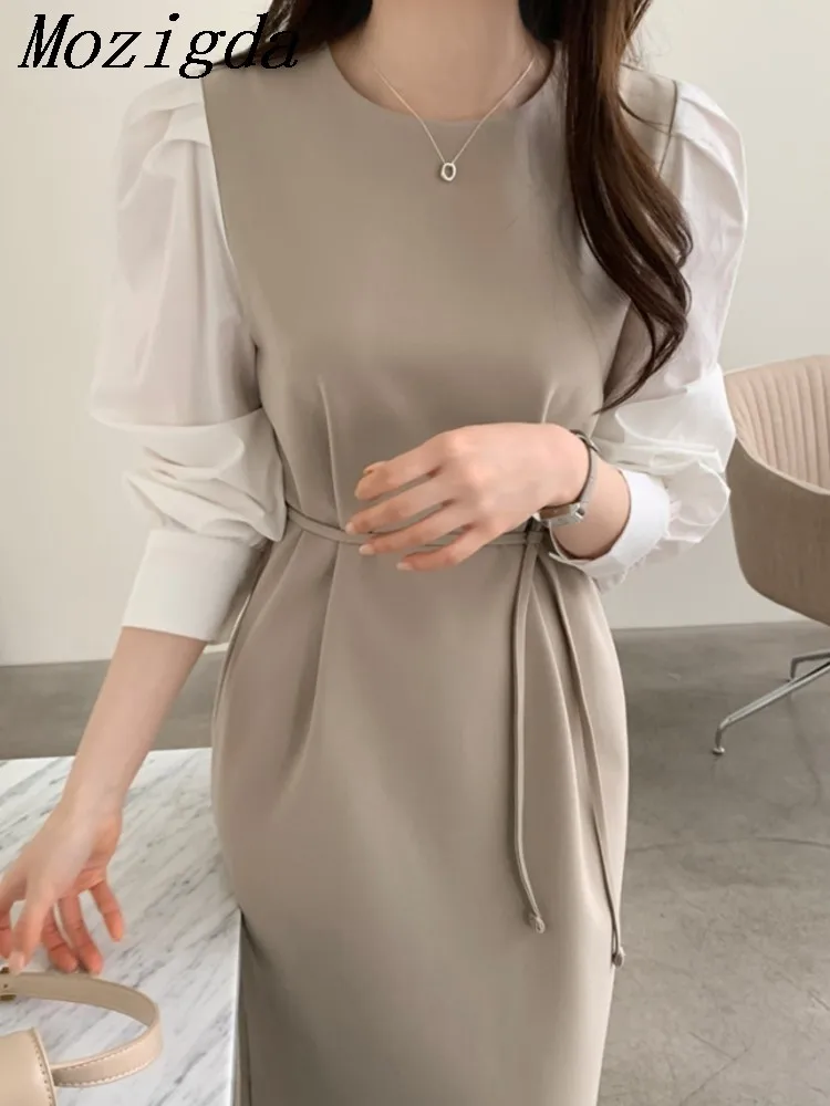 

Autumn Puff Sleeve Elegant Dress Women Round Neck Slim Dress Contrast Patchwork Lace Up High Waist Clothes Ladies Dresses