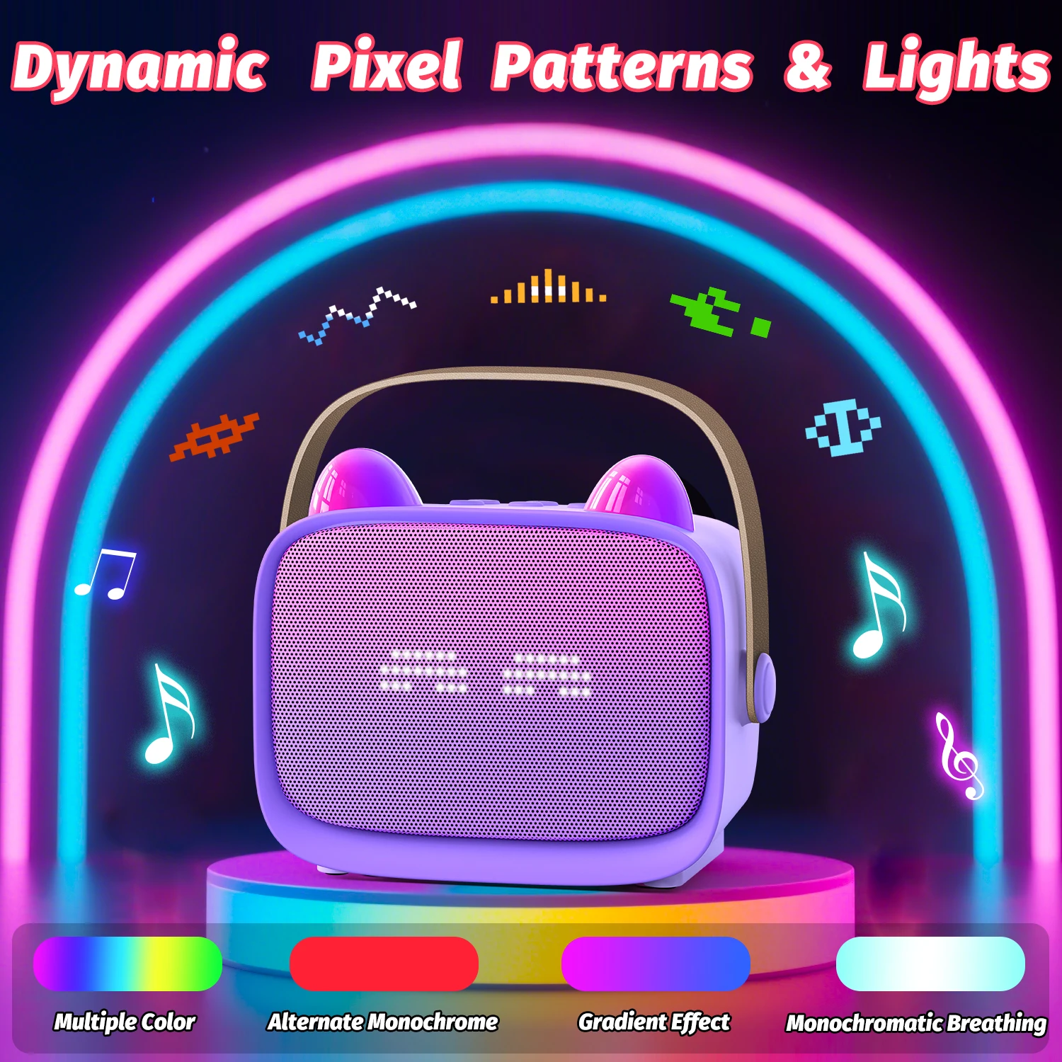 Brinquedo de karaoke com alto-falante Bluetooth, brinquedo interativo para reuniões familiares, com luzes LED de pixel dinâmicas, alto-falante portátil sem fio.