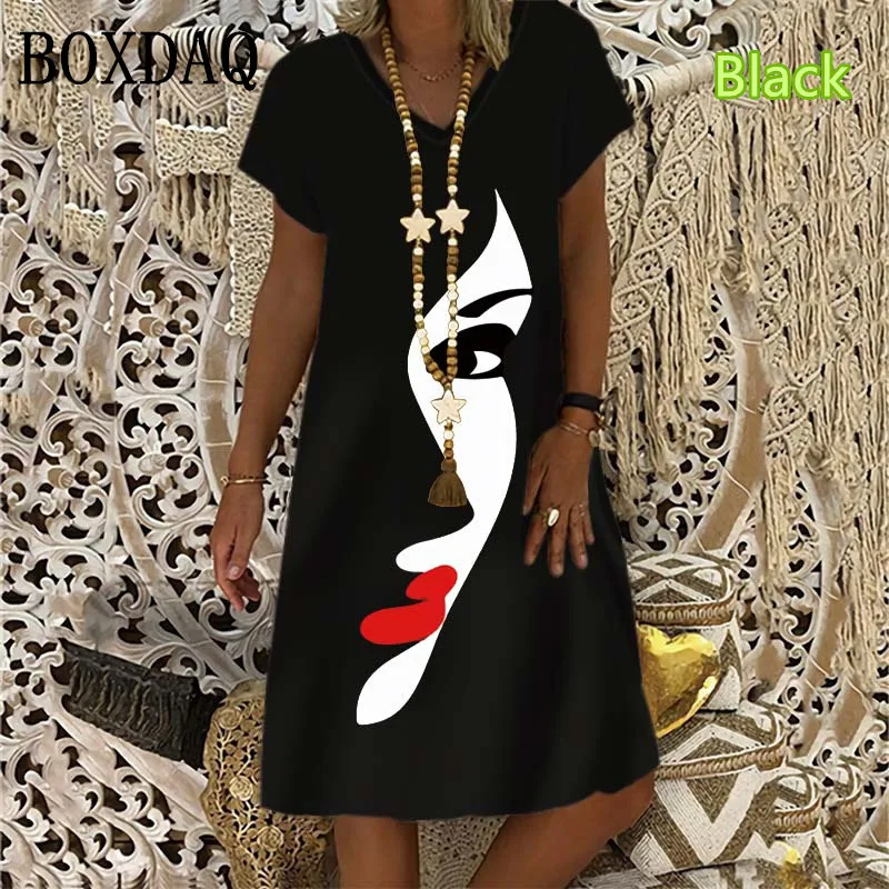 Women's Short Sleeve V-Neck Painting Face Abstract Print Dress 2022 Summer New Loose Oversized Mini Dresses Ladies Fashion Dress