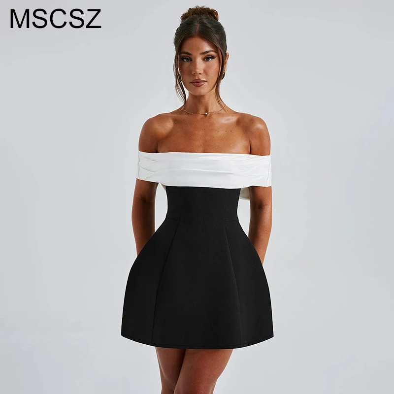 

MSCSZ Off Shoulder Backless Mini Dress Women Fashion Contrast Fit And Flare Dress Elegant Chic Short Cocktail Prom Dress