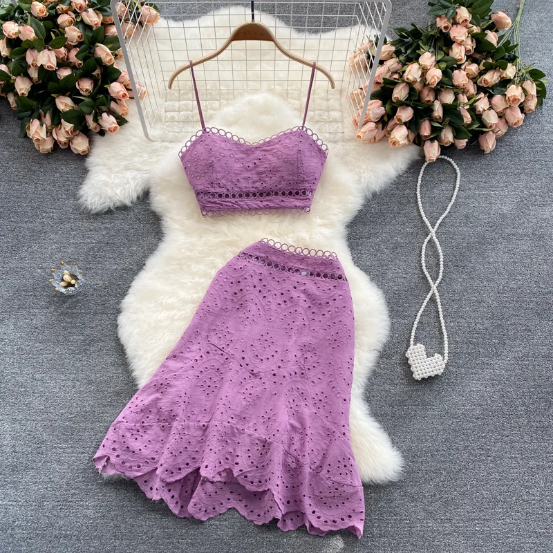 Summer Bohemian Hollow Out 2pcs Set Women Sexy V-Neck Spaghetti Strap Short Tops + High Waist Ruffle Mini Skirt Female Suit 2022
