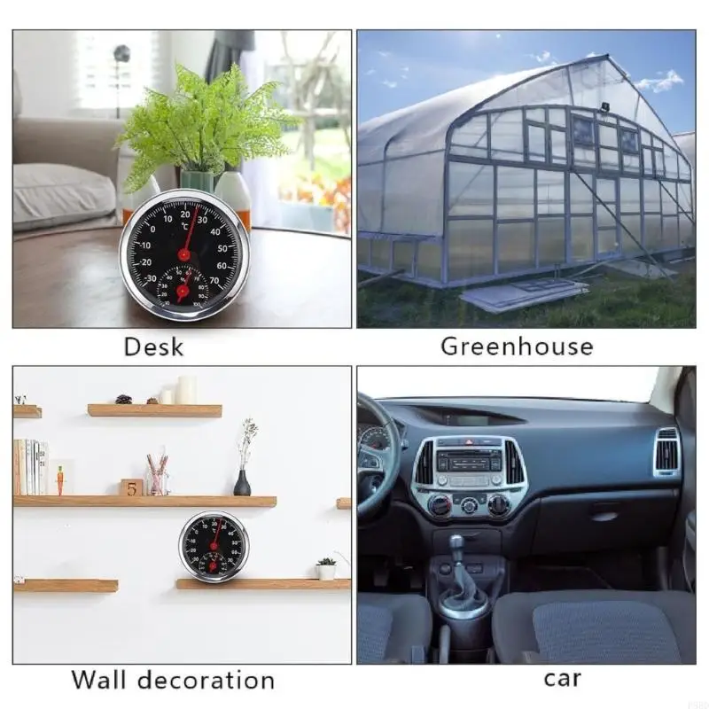 Battery Temperature Humidity Reader for Car Interior and Indoor Spaces, Round Analog Climate Meter with Clear Scale Text
