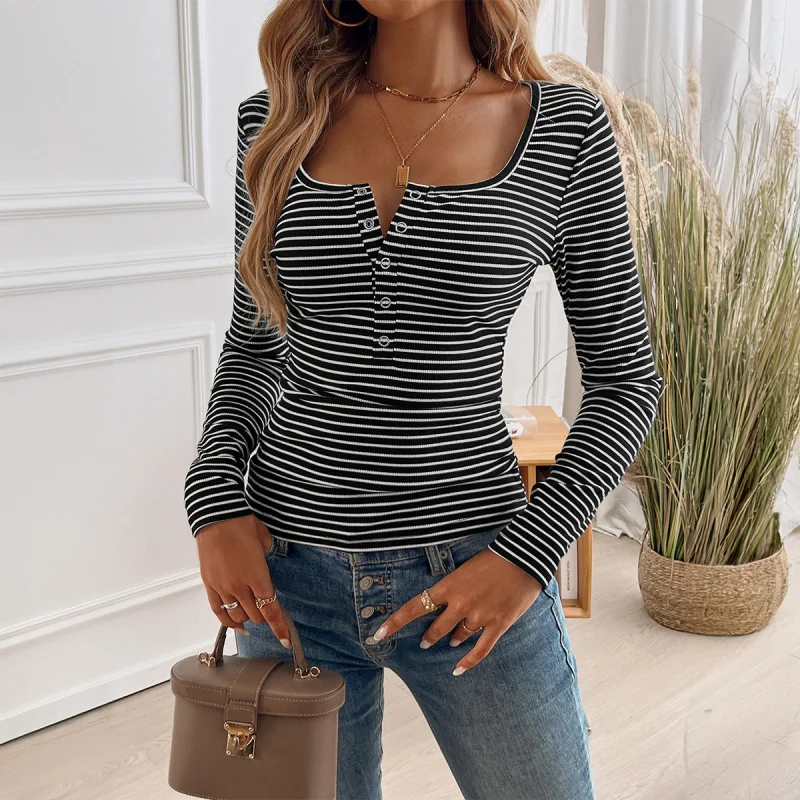 Europe and America2024Autumn and Winter Women's Clothing Elegant Slim FituCollar Button Striped Long-Sleeved TopTT-shirt