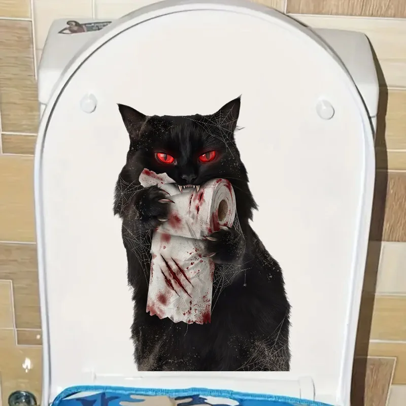Halloween Creepy Black Cat Toilet Sticker, Weird Funny Bathroom Decal, Spooky Restroom Festival Self Adhesive Decor