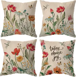 Red Flowers Pillow Covers Spring Butterfly Home Pillow Case Cotton Linen Home Decorate Floral Cushion Cover for Car Bedding