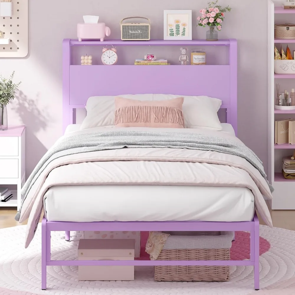 Weehom Twin Bed Frames for Kids with 2 Tiers Wood Storage Shelves Headboard, Twin Size Bed No Box Spring Needed Under Bed Storag