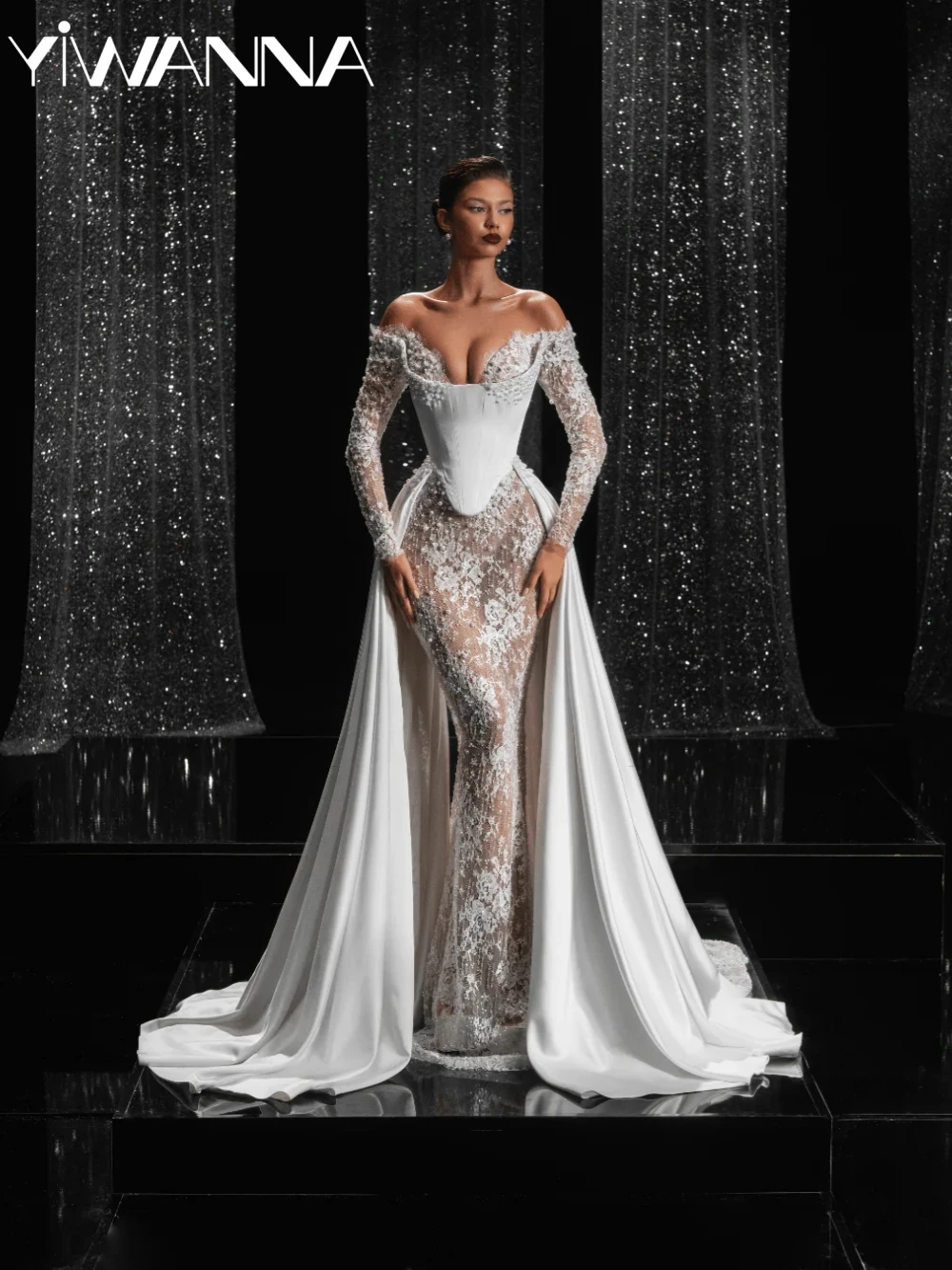 

Detachable Train Pearls Lace Long Wedding Dress Illusion With Corset Mermaid Bridal Gown Customized Dazzling Dresses For Bride
