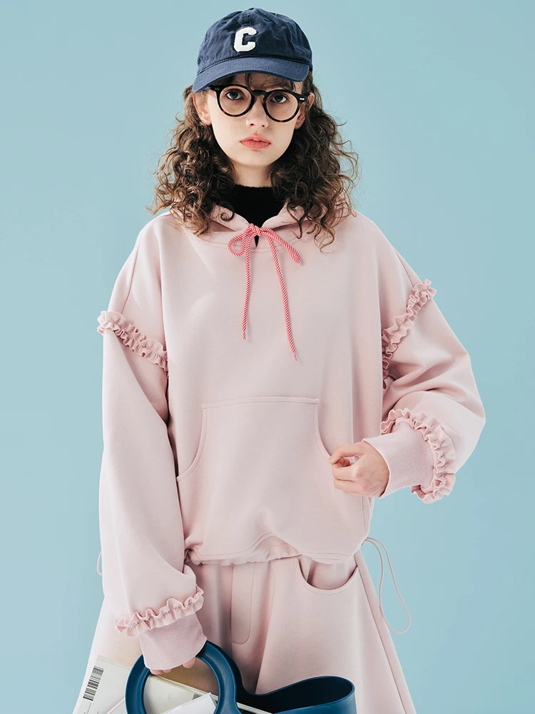 IMAKOKONI original design long sleeved lace patchwork pink hooded pocket casual fashion top 244879