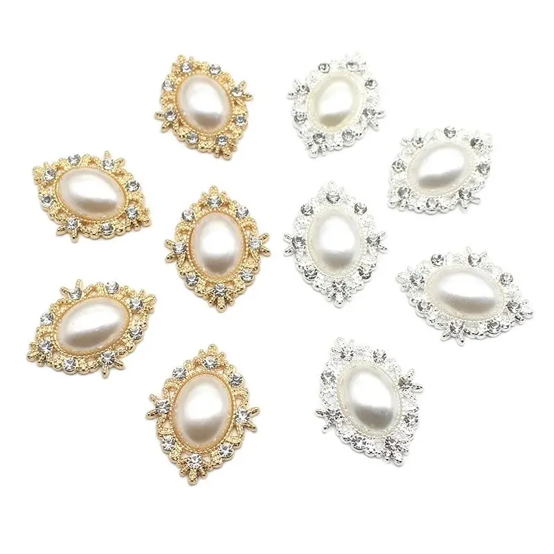 10pcs 33*25mm Retro Oval Pearl Alloy Rhinestone Button Jewelry Hairpin Clothing Wedding Decoration Handmade Diy Accessories