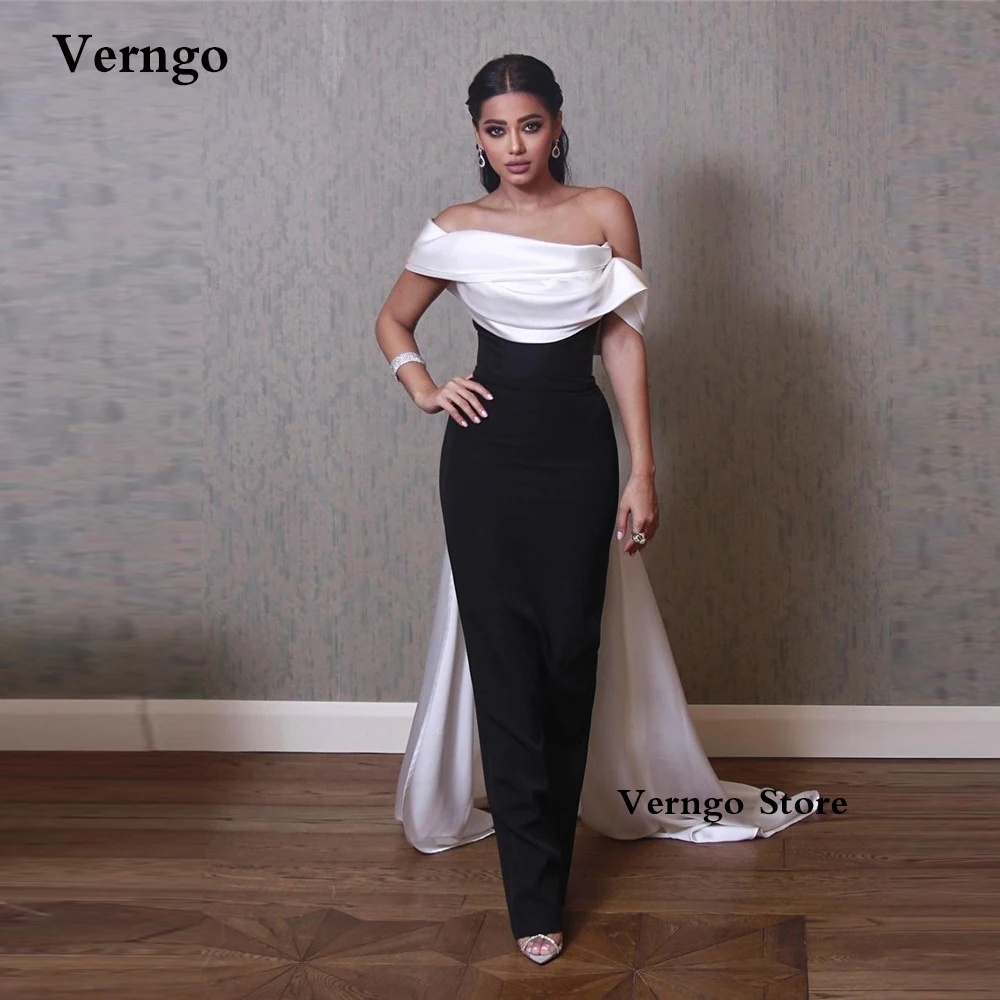 Verngo Black And White Women Formal Evening Dresses Mermaid Off the Shoulder Stretch Satin Simple Party Prom Gowns Long Train