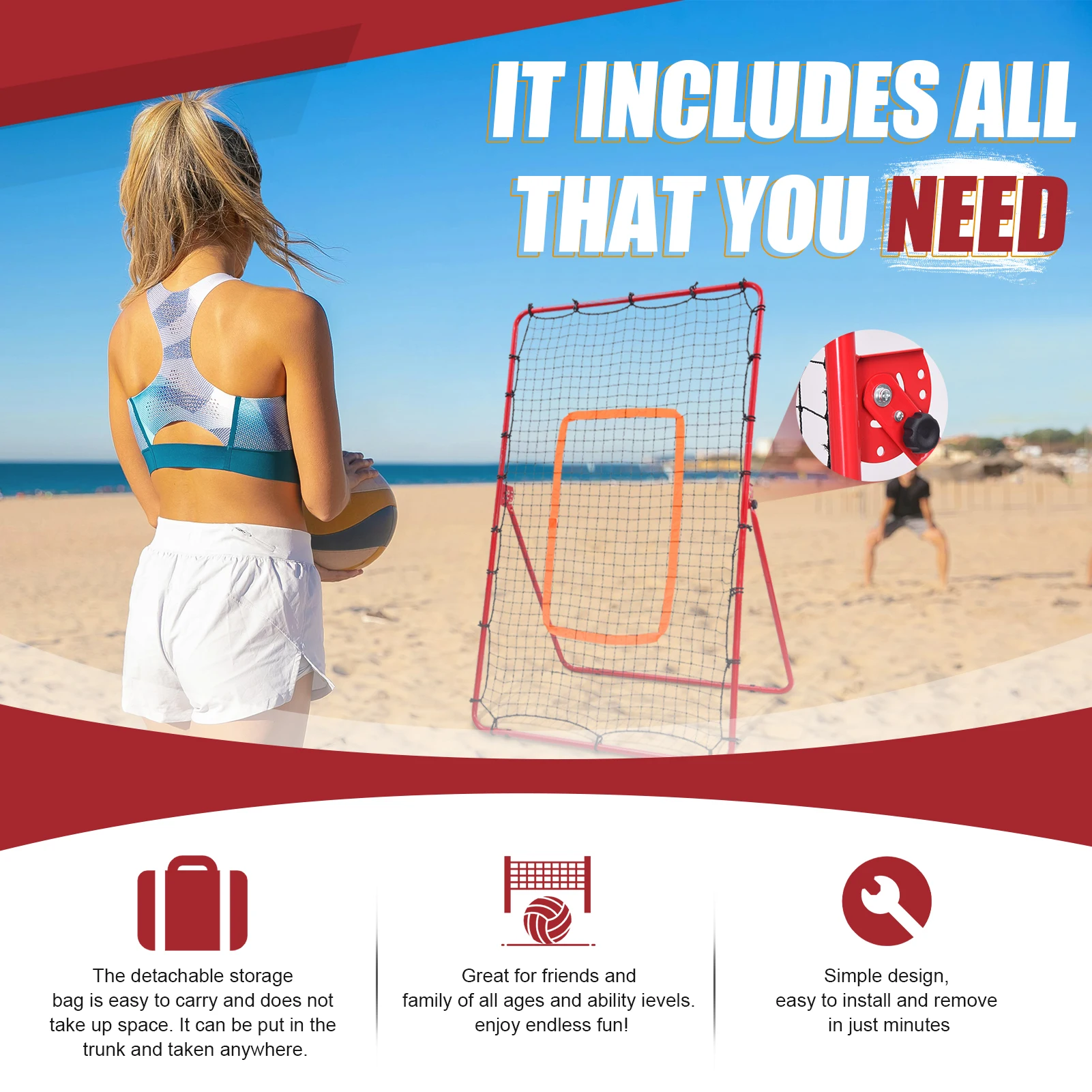 Сетка для отскока волейбола, тренировочная сетка для отскока волейбола, тренировочное оборудование для волейбола с 4 регулируемыми углами отскока (красный)