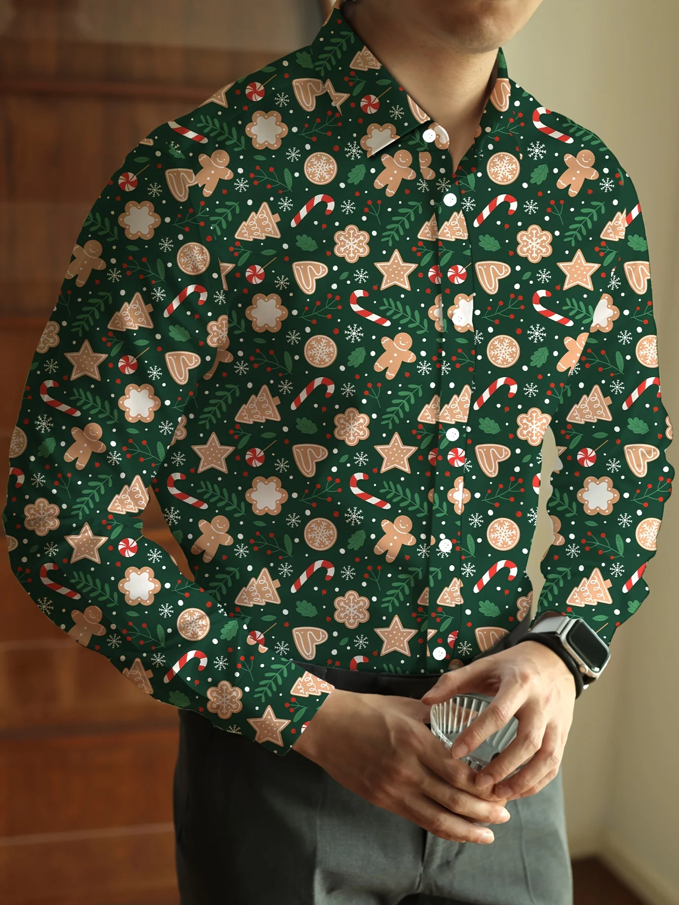 

Christmas Festival Theme Men's 3D Printed Formal Shirts Gingerbread Man Graphic Long Sleeve Shirt Fashion Men's Shirts For Men