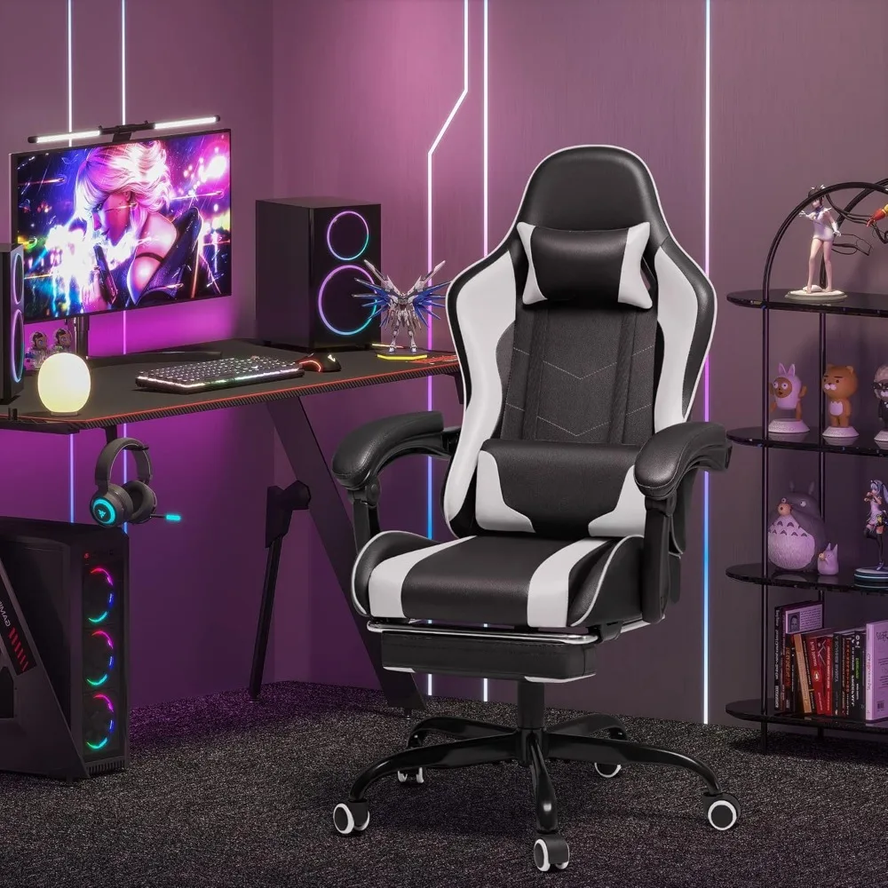 Silla ergonómica para videojuegos, asiento con reposapiés y soporte Lumbar de masaje, altura ajustable para ordenador