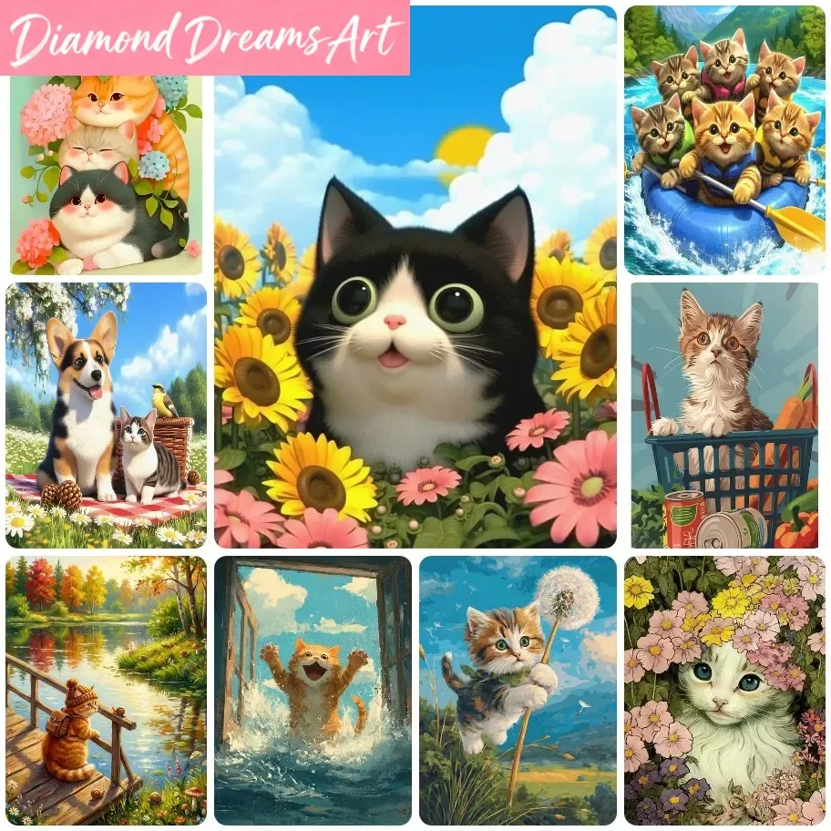 Frameless,Cute Fluffy Kitten Puppy Sunflower Outdoor Adventure Floral Diamond Painting, iMulti Scene Wall Decor For Home Living