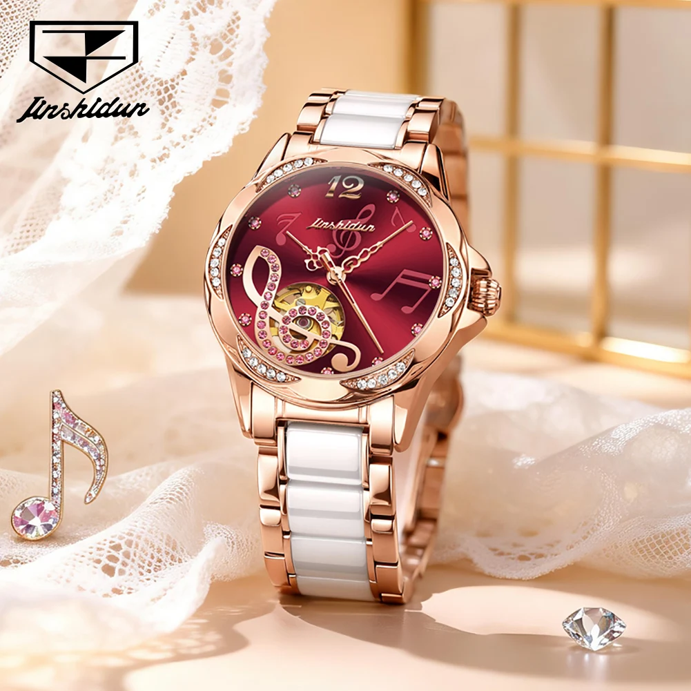 

Часы JSDUN 8820 Elegance для женщин с механическим механизмом, циферблатом с музыкальными нотами и бриллиантами, керамические, из нержавеющей стали, водонепроницаемые до 30 м.