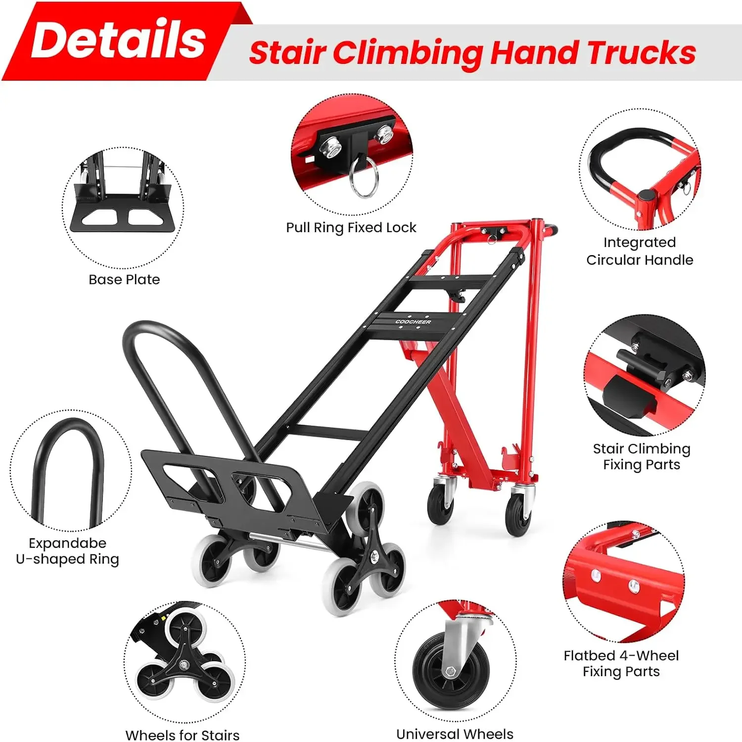 Heavy Duty 1000lbs Hand Truck, 4-in-1 Convertible Stair Climbing Dolly | Foldable Platform Cart with Tri-Wheels, Red
