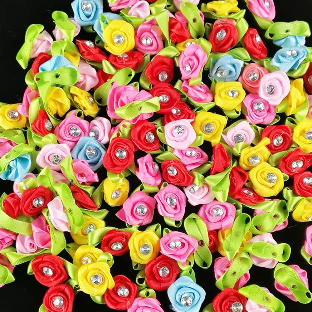50PCS Fabric Flower Artificial Satin Ribbon Roses Diy Craft Bridal Bouquet Home Decor Arrangements Decoration for Party Hair