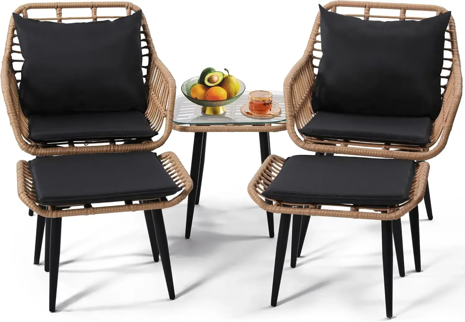 Wicker Chairs and Table Bistro Conversation Furniture Set, 5 Pieces with Ottoman for Porch, Balcony, Deck, Patio, Backya