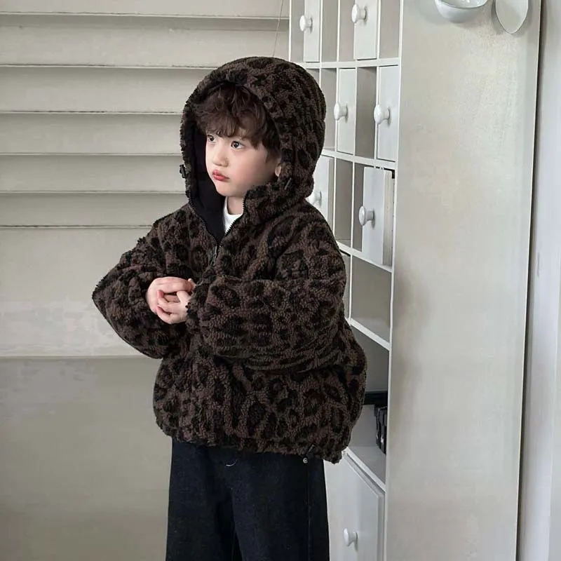 Autumn Winter Fashion Baby Girls Boys Kids Thick Plus Velvet Leopard pattern  Hooded Coat +Jean Paints Children Casual 2Pcs Sets