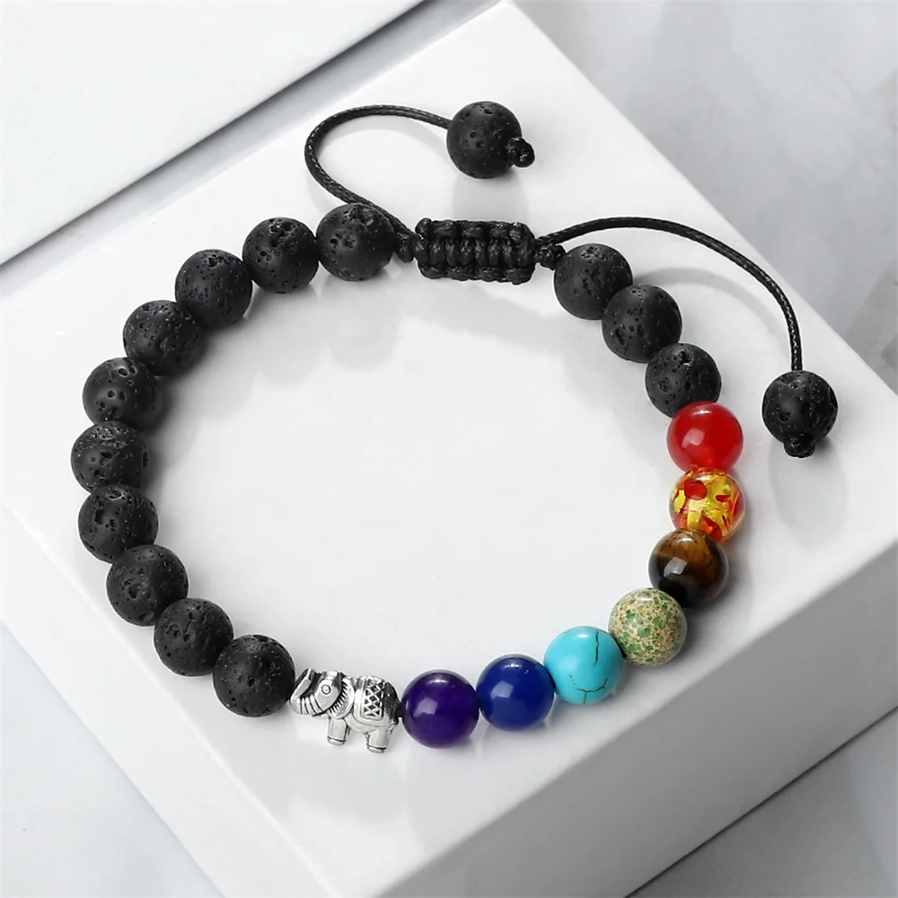 7 Chakra Men Healing Bracelet Natural Tiger Eye Stone Lava Beads Elephant Bracelets Women Reiki Yoga Braided Rope Bangle Jewelry