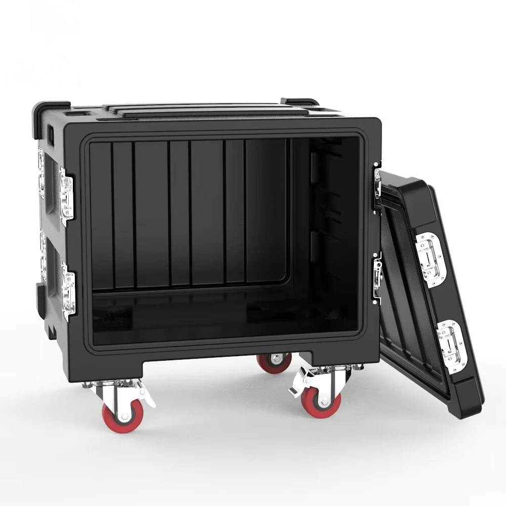 8U Flight Case Waterproof Roto-Molded Impact Resistant Rack Case Front Rear Doors Heavy Duty Casters