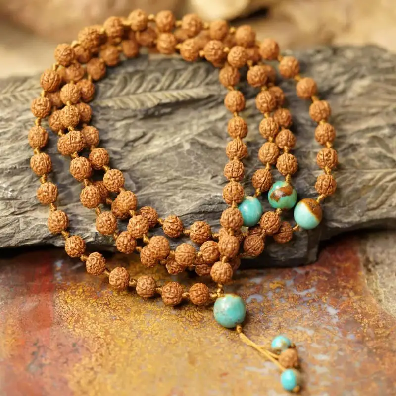 

Natural Rudraksha & Turquoise 108 Mala Beads Necklace Devotion & Calm Healing Crystal Jewelry