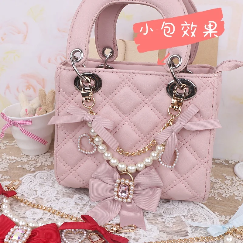 Handmade Japanese Mine Sweet Cute Stringed Pearls Bow Rhinestone Chain Itabag Bag Charms Cute Handbag Pendant Accessories