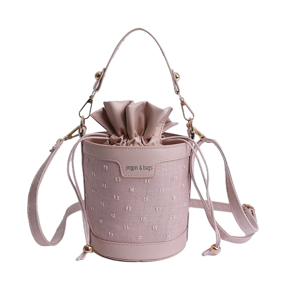 Casual Korean Style Drawstring Bucket Bag Cylindrical Handbag Pu Shoulder Bag Handheld Solid Color Vegetable Basket Bag Girls