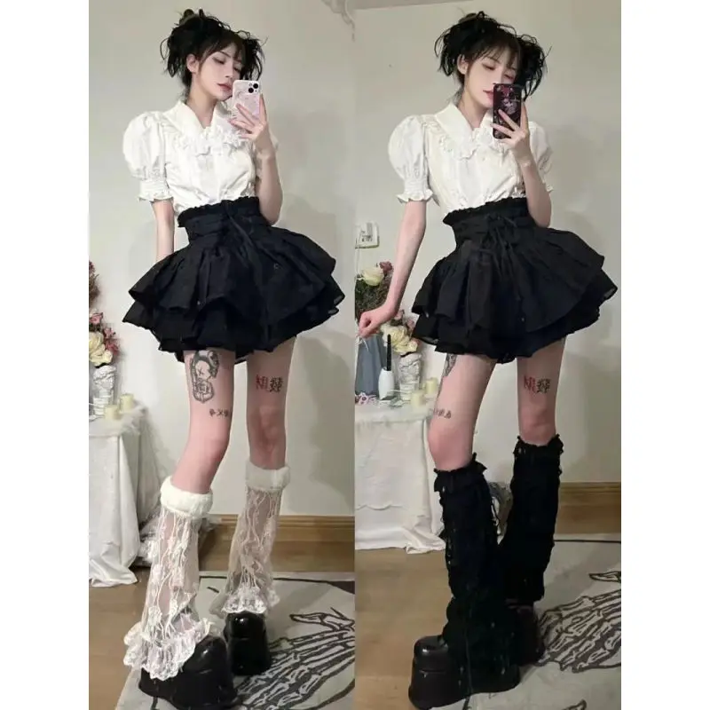 Deeptown Gothic Zwarte Rok Shorts Vrouwen Japanse Harajuku Hoge Taille A-Lijn Bandage Strik Sexy Vintage Mini Lolita Rok E-Girl