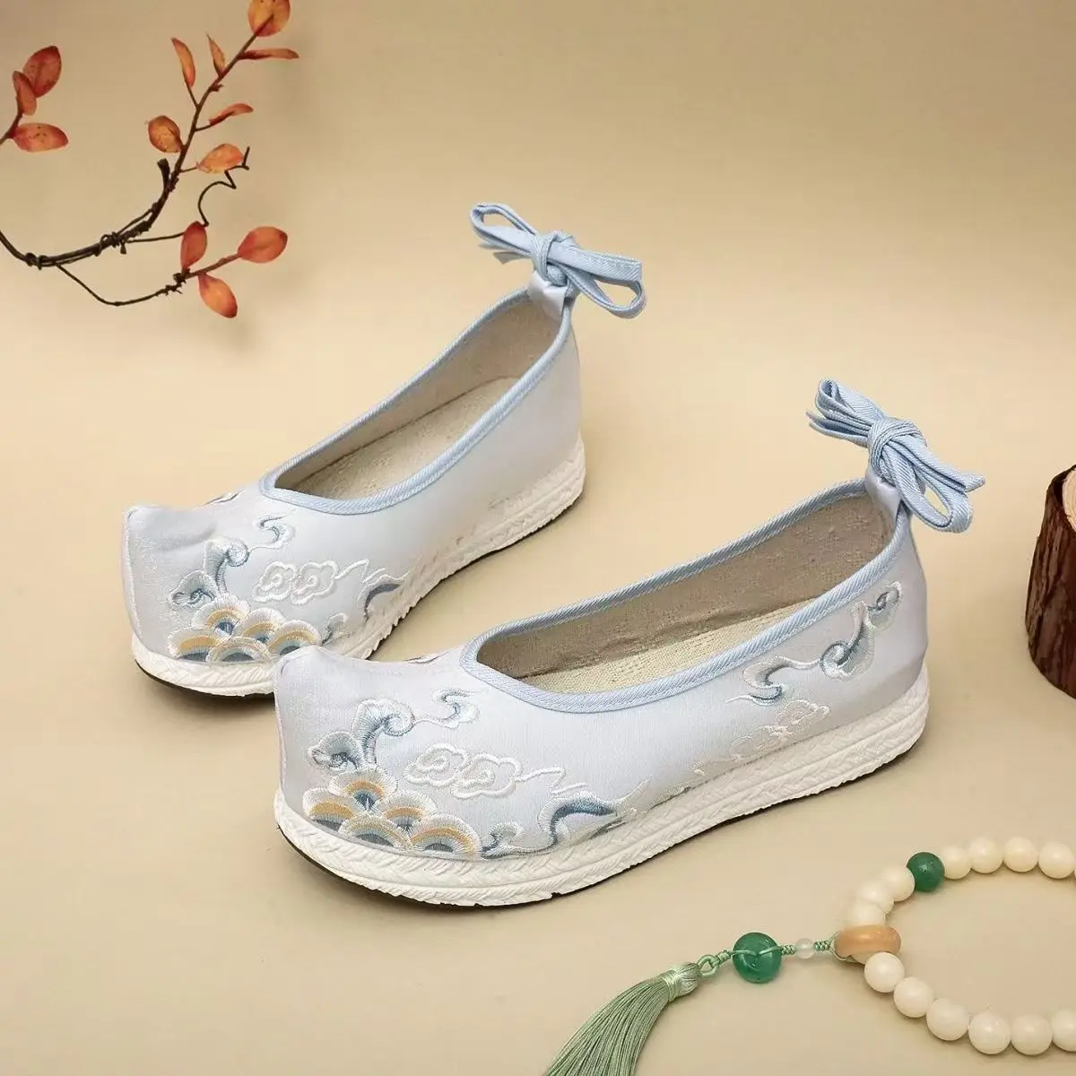 Woman Big Size Embroidered Hanfu Shoes Flat Sole Non Slip Shallow Ankle Strap Ethnic Style Cocked Shoe Toe Horse Face Skirt Shoe image 2