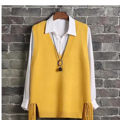 2021 New Autumn V-neck Vest Women\'s Winter Short Knitted Sweater Waistcoat Korean Trend Spring  Autumn Vest Girl Student Yellow